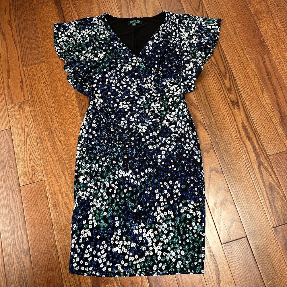 Ralph Lauren Black Blue Green Floral V-neck Flutter Sleeve Dress Size 8